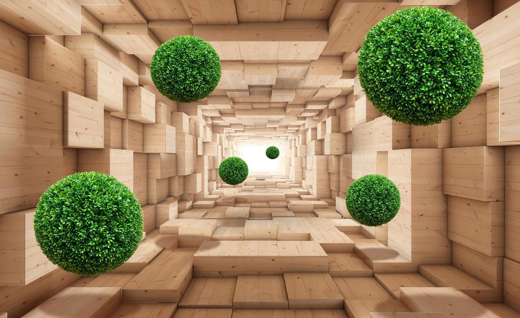 3 д фотообои Деревянный туннель с шарами из травы