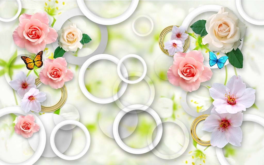 3 д фотообои 3d цветы и кольца