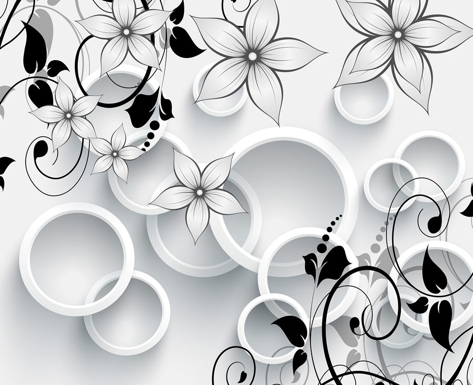 3 д фотообои Черное-белые цветы и круги 
