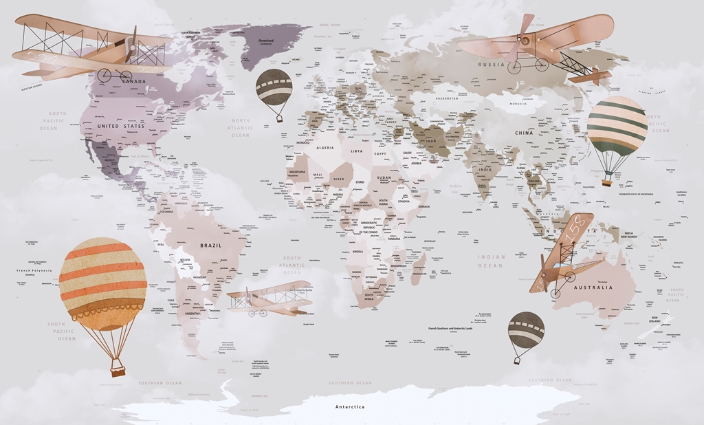 Фотообои в детскую Карта мира на английском языке.