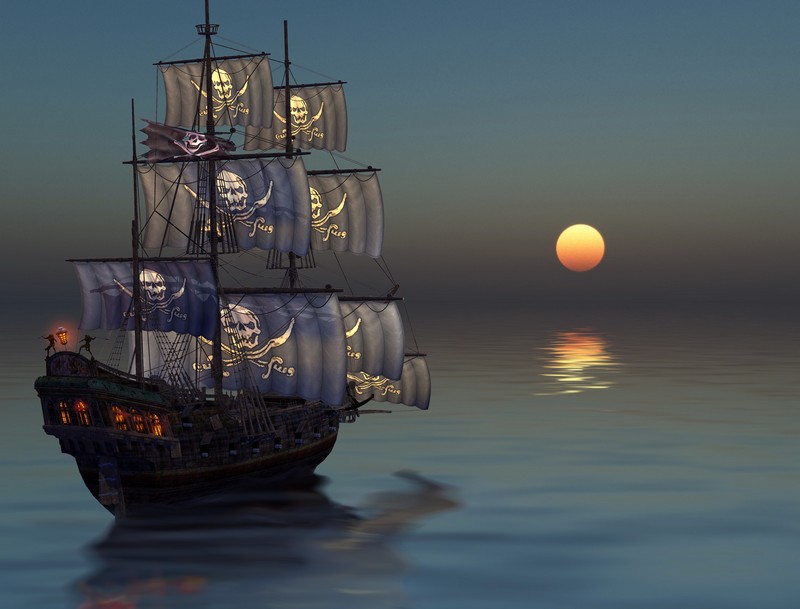 Фотообои Пиратский корабль плывет навстречу закату