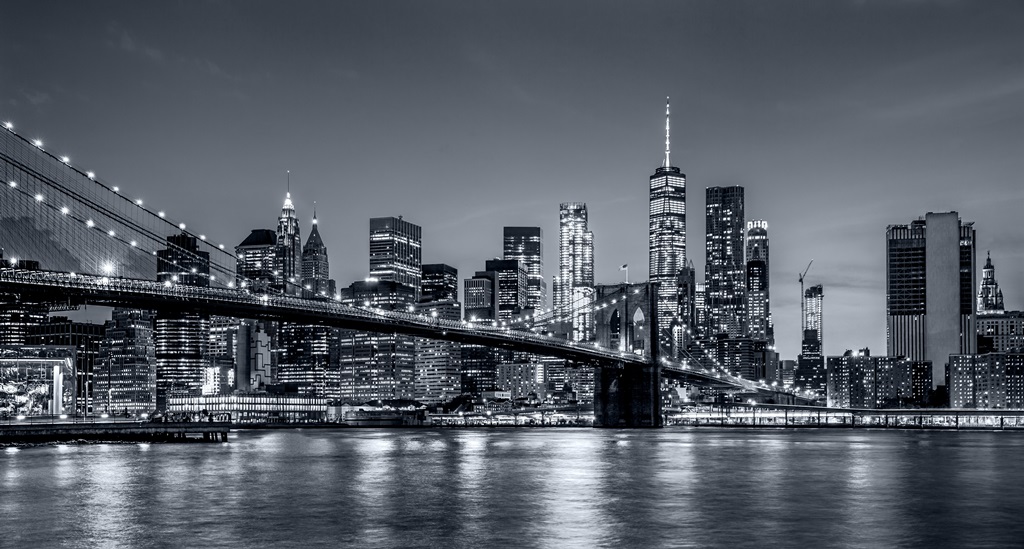 Фотообои Панорама ночного Нью-Йорка в монохромной синей тональности