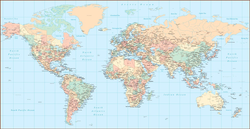 Фотообои карта мира Карта мира на английском языке.