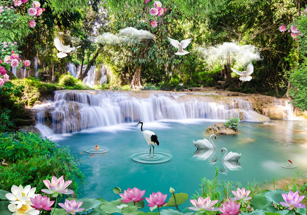 Фотообои Красивый водопад и птицы