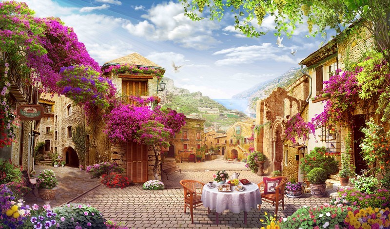 Фотообои Улочка в цветах бугенвиллии, фреска, старый город
