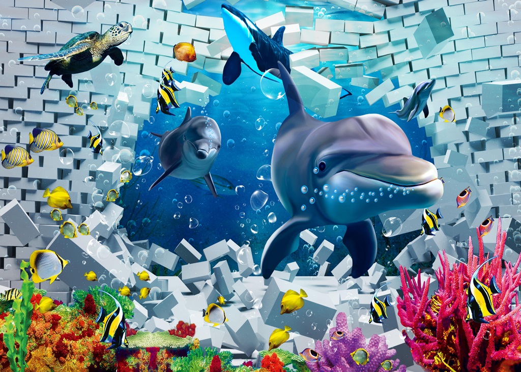3 д фотообои Абстрактный подводный мир с дельфинами 
