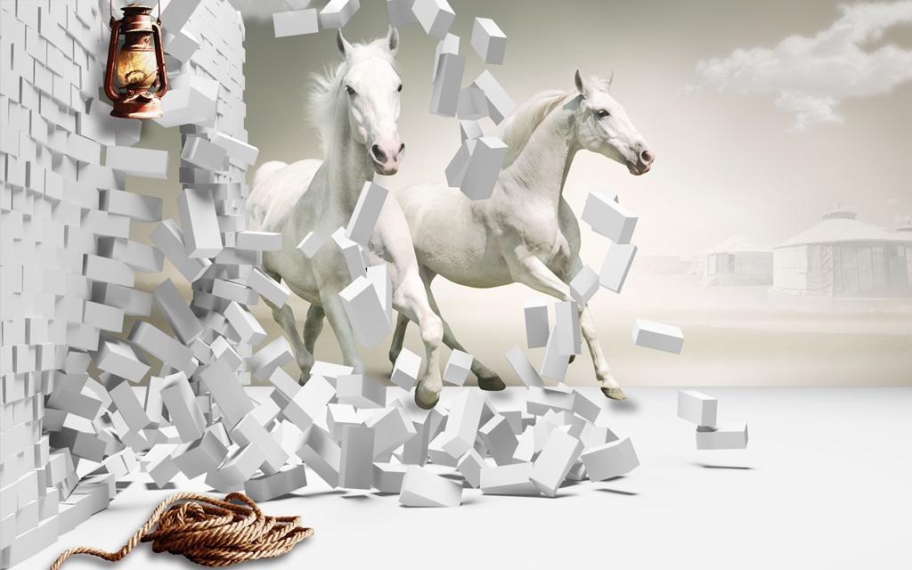 3 д фотообои Белые лошади бегут сквозь стену 