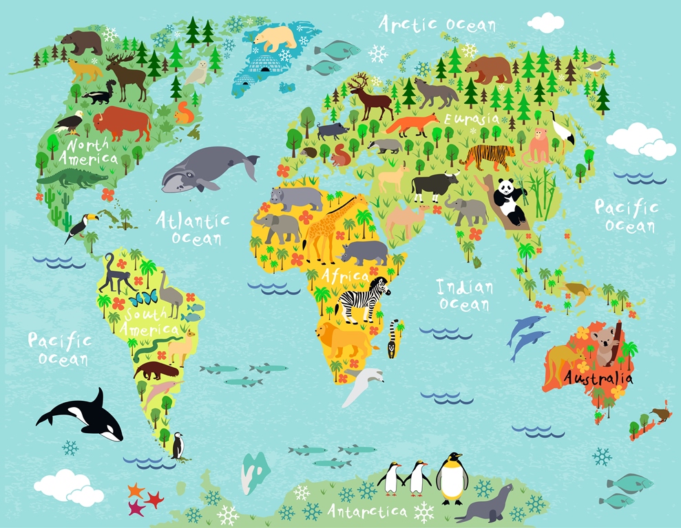 Фотообои в детскую Карта мира на английском языке.