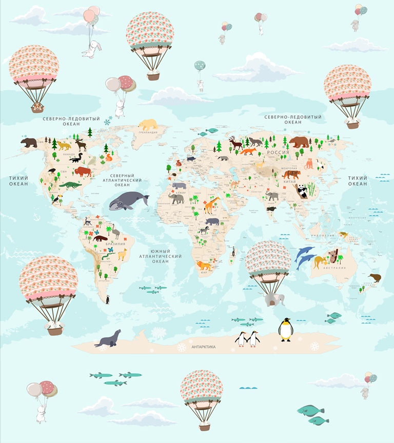 Фотообои в детскую Карта мира с воздушными шарами 