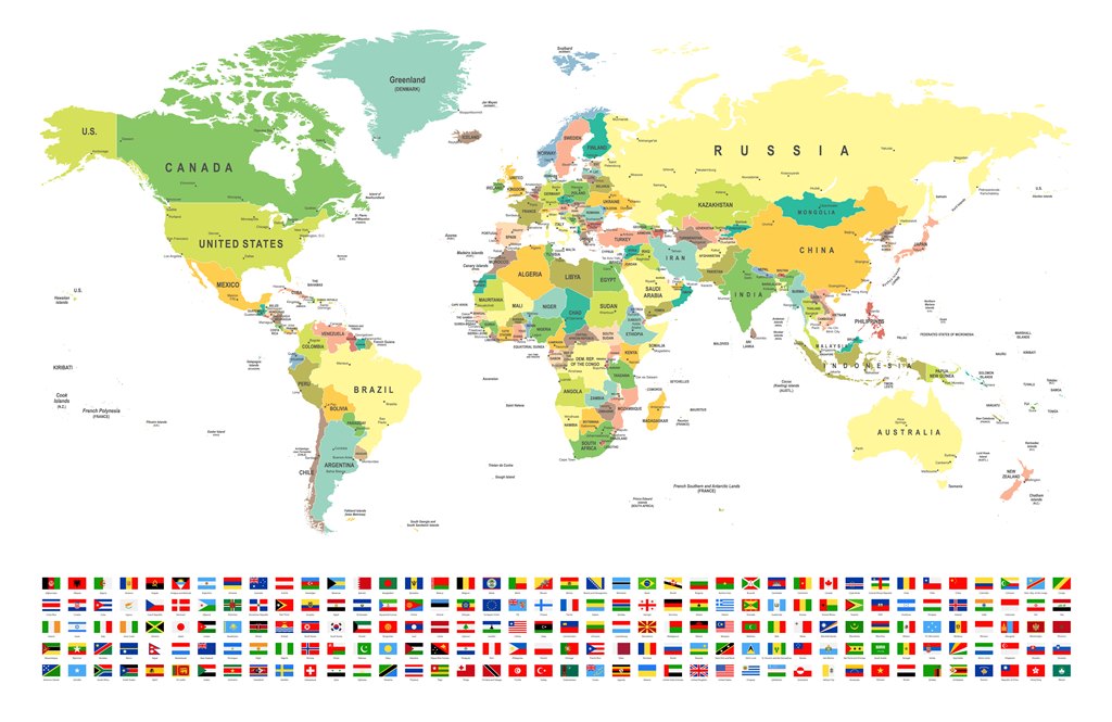 Фотообои карта мира Карта мира с флагами