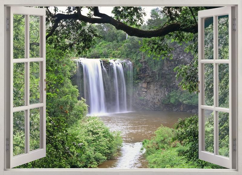 Фотообои вид из окна Водопад в окне 