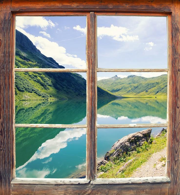 Фотообои вид из окна Старое окно с видом на горы и реку 